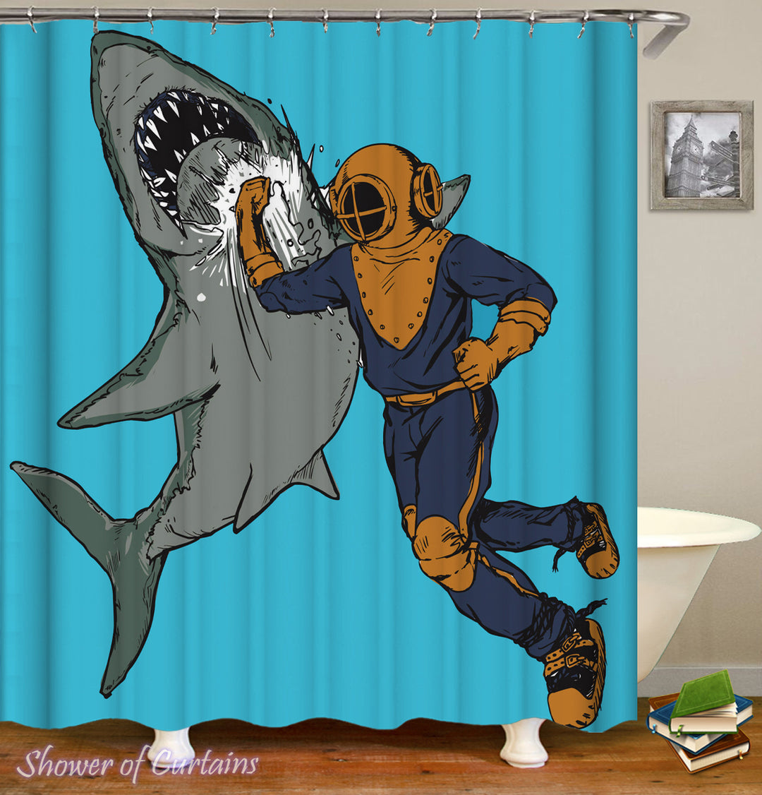 Cool Shower Curtains Logo - Scuba Diver Hitting A Shark