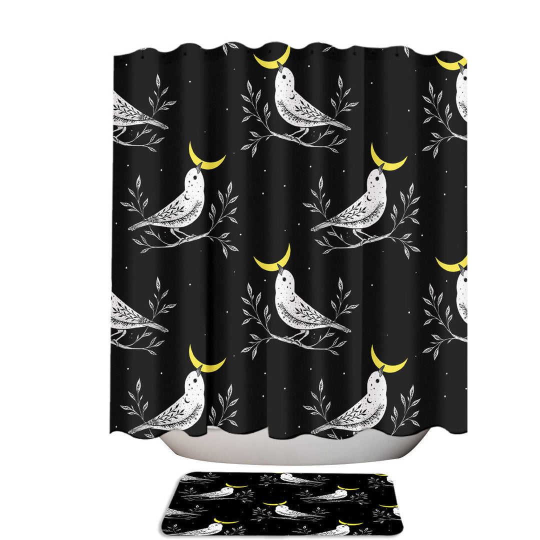 Black and White Moon Bird Pattern Shower Curtain