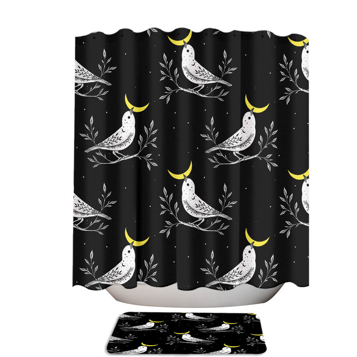 Black and White Moon Bird Pattern Shower Curtain