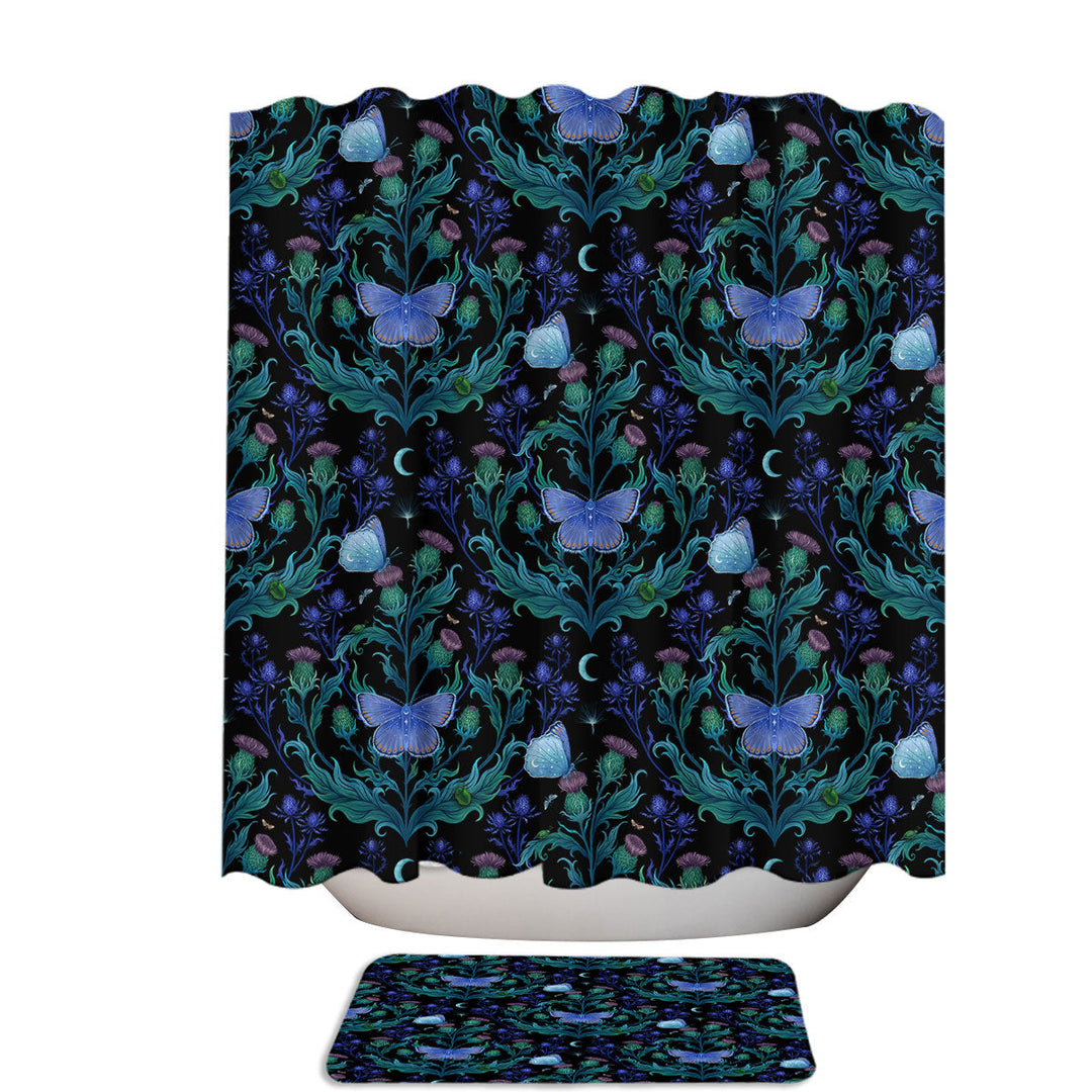 Blue Garden Butterflies and Thistle Cool Shower Curtains