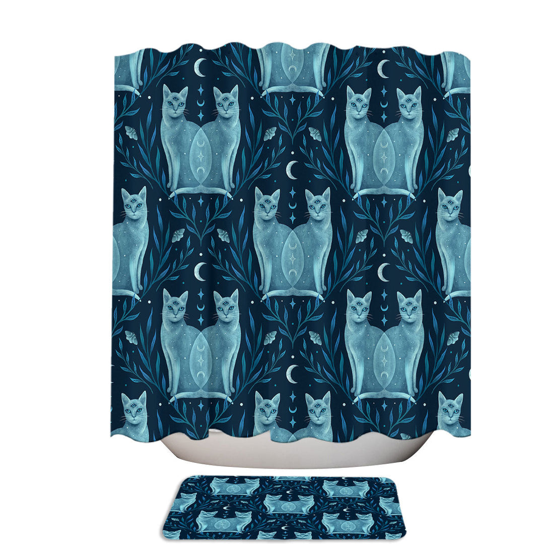 Blue Mystic Cats and Moonlit Leaves Extra Long Shower Curtain