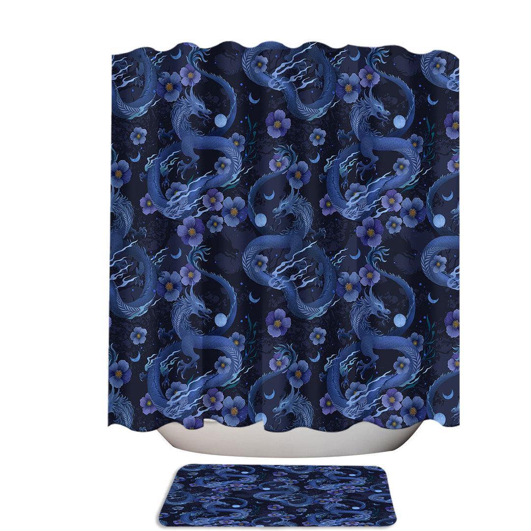 Blue Violet Floral Dragon Fabric Shower Curtain
