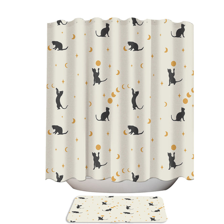 Bright Pattern Playful Cat and Moon Shower Curtain
