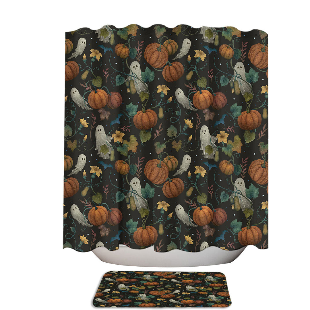 Dark Autumn Garden Pumpkin and Ghost Shower Curtains