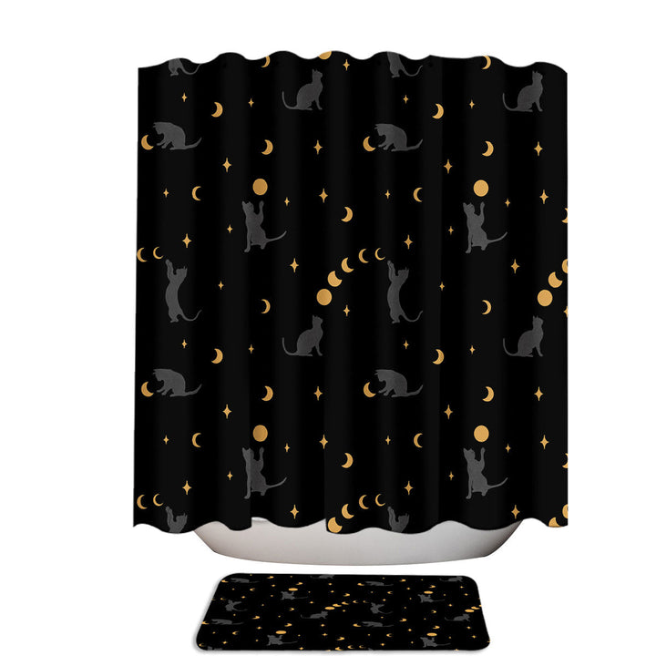 Dark Pattern Playful Cat and Moon Cool Shower Curtains