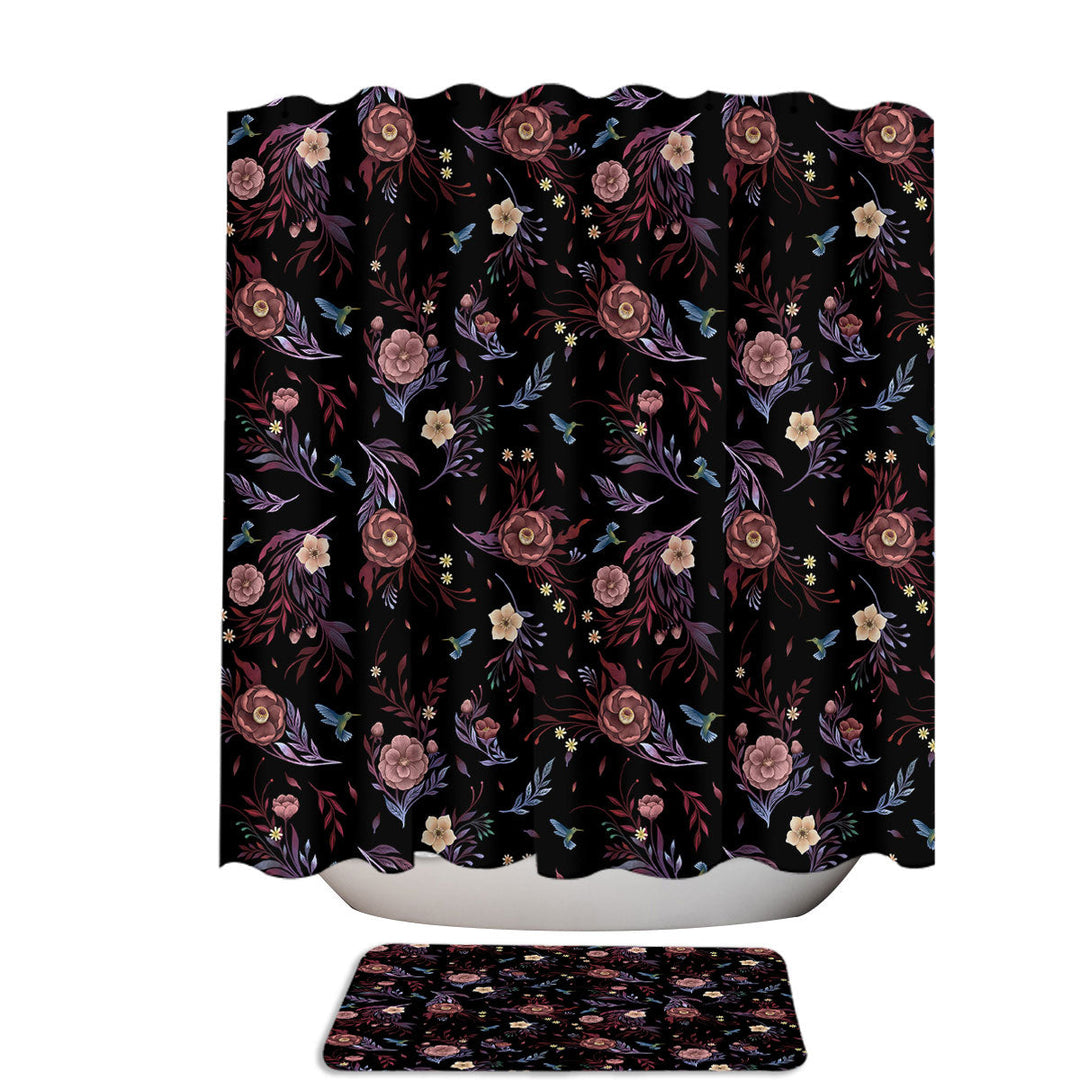 Floral Dark Pattern Camellia Blooms Extra Long Shower Curtain