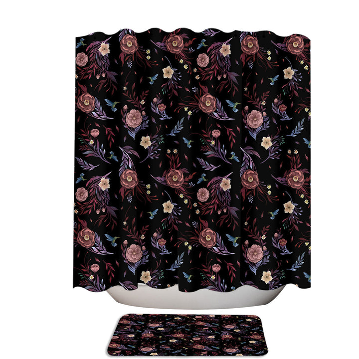 Floral Dark Pattern Camellia Blooms Extra Long Shower Curtain