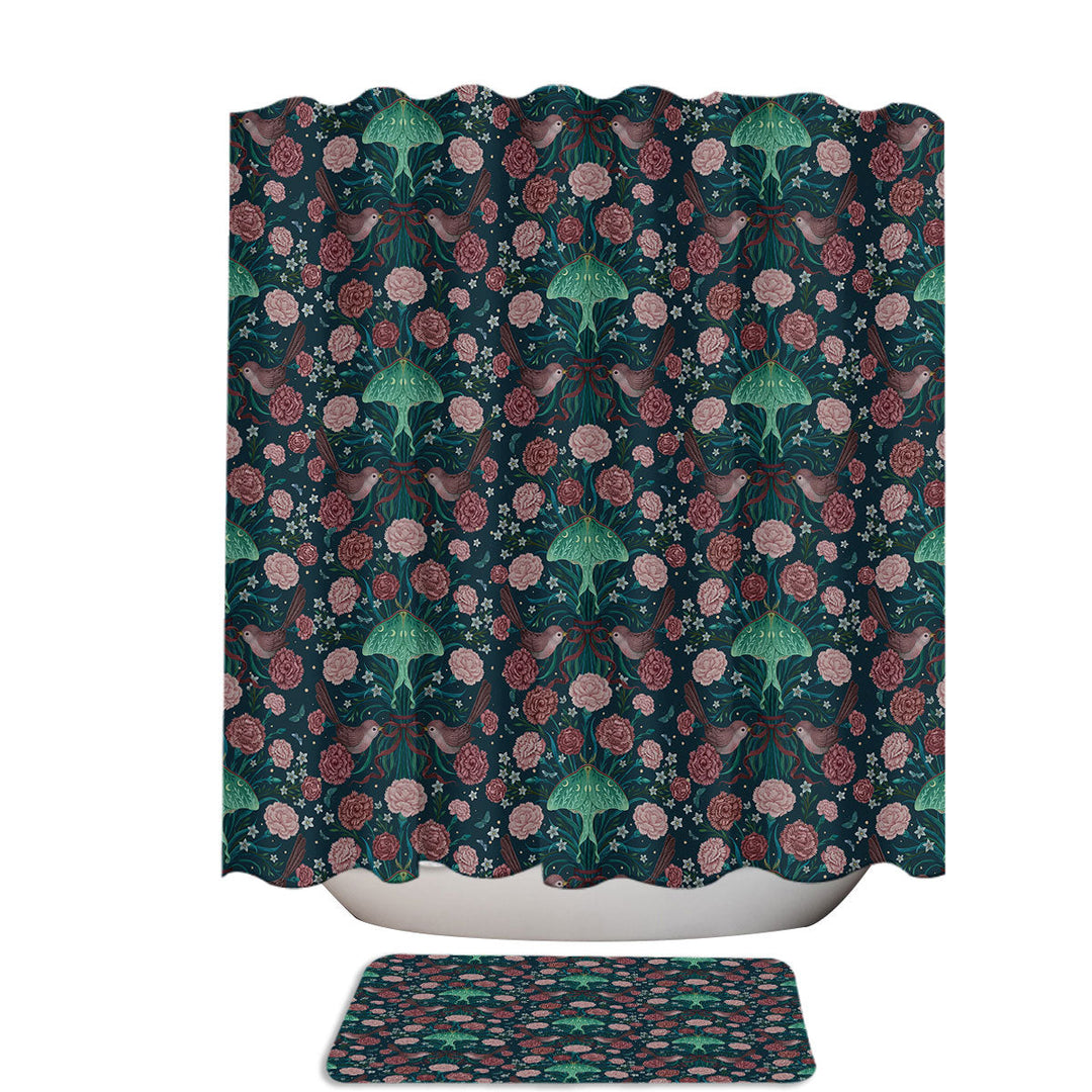 Floral Green Carnation Pattern Moths in Bloom Unique Shower Curtains