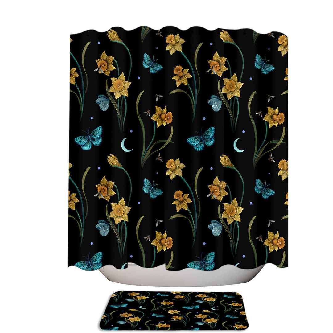 Floral Pattern Daffodil and Butterflies Bathroom Shower Curtains
