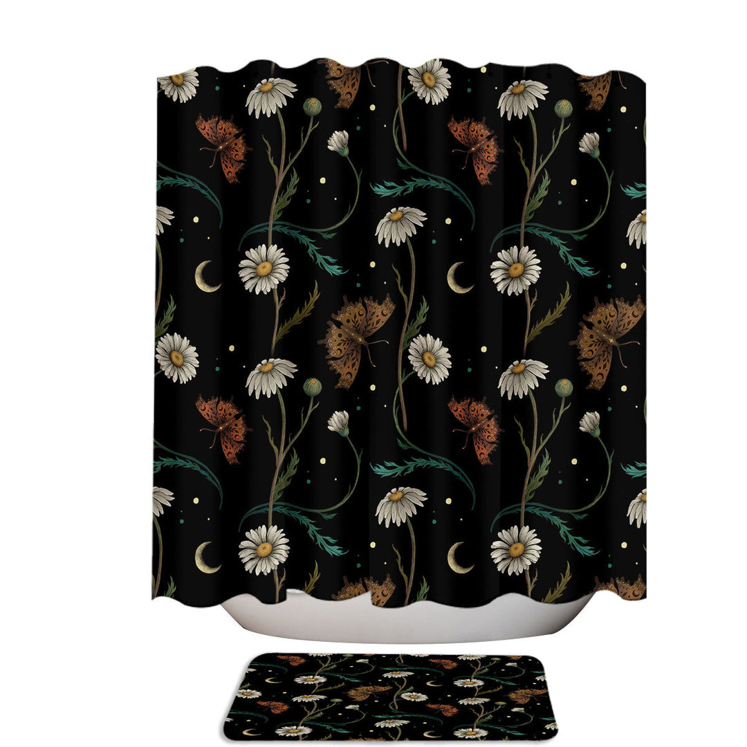 Floral Pattern Daisy and Butterflies Extra Long Shower Curtain