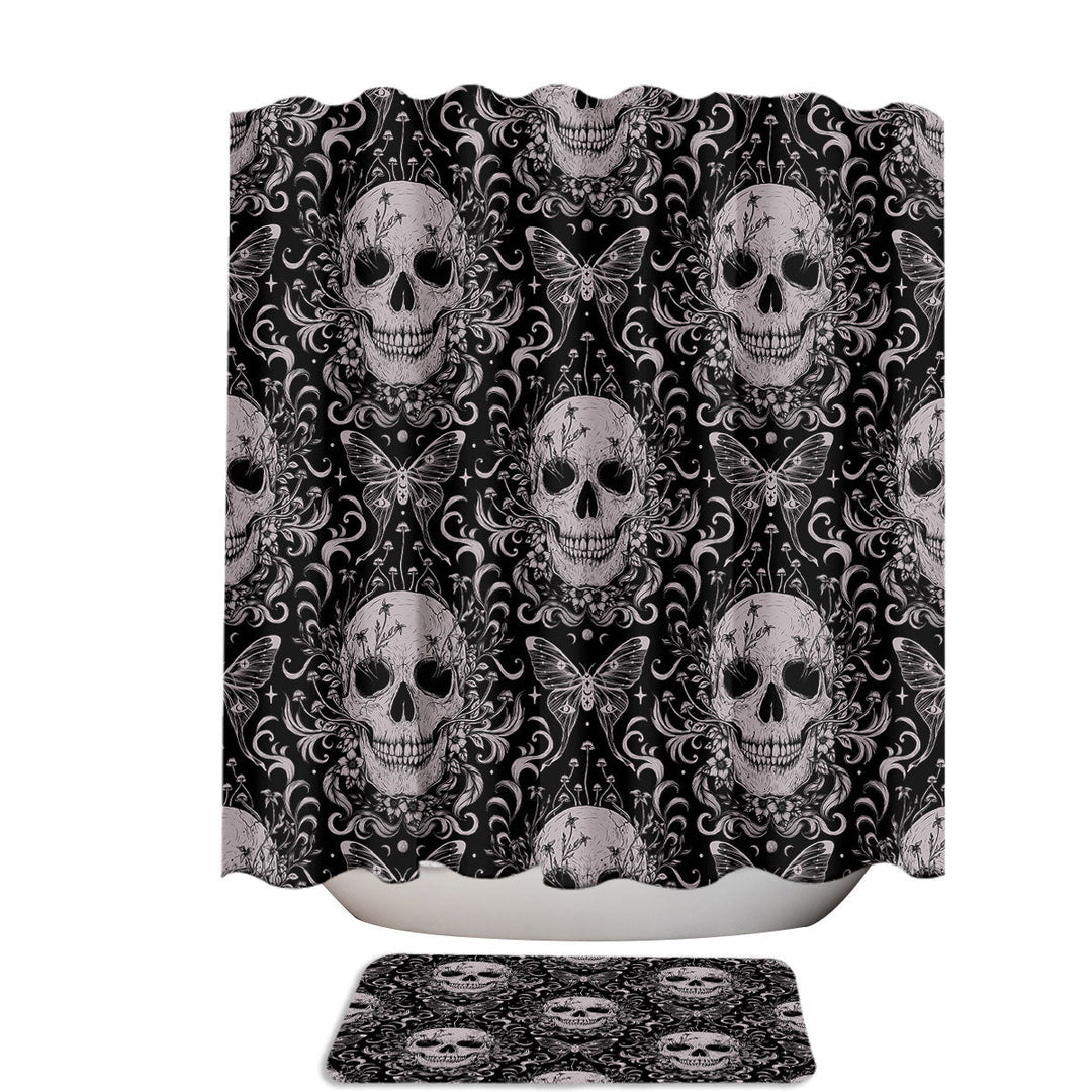 Gothic Bone Pink Floral Skulls and Butterflies Shower Curtain