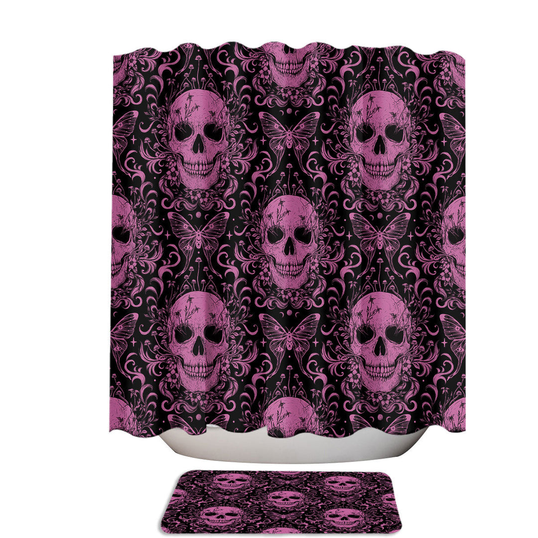 Gothic Fuchsia Floral Skulls and Butterflies Stall Shower Curtain