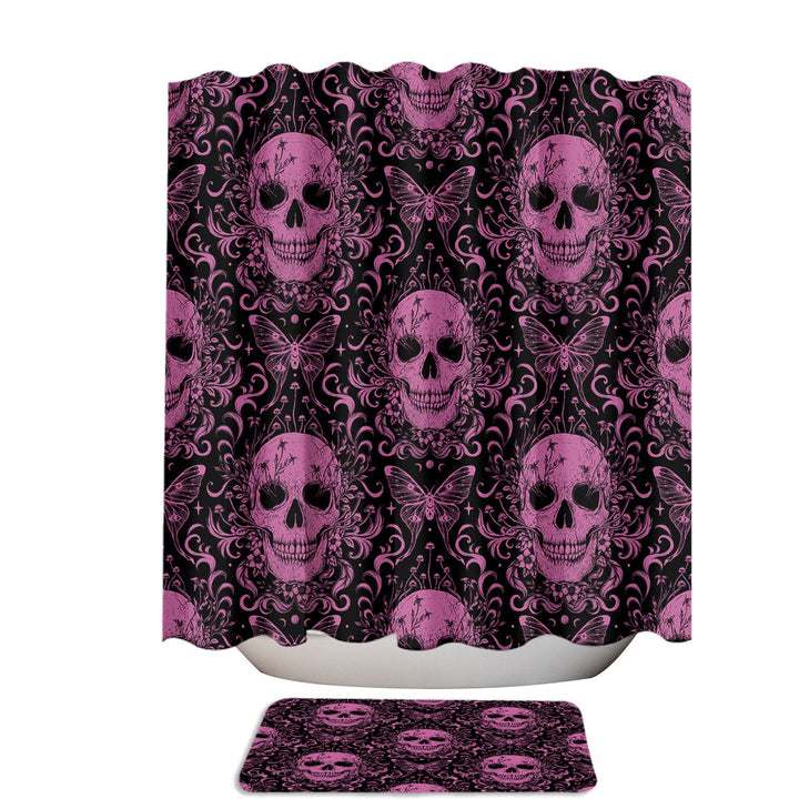 Gothic Fuchsia Floral Skulls and Butterflies Stall Shower Curtain