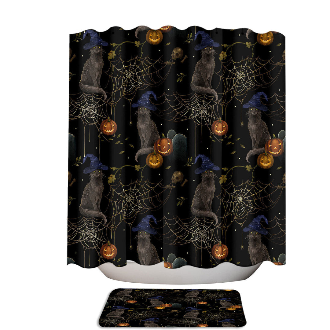 Halloween Night Cats Spiders and Pumpkins Shower Curtain