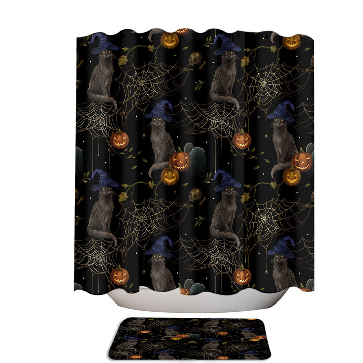 Halloween Night Cats Spiders and Pumpkins Shower Curtain