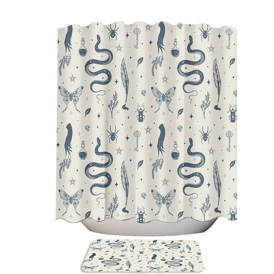 Ivory Mystic Shadows Snakes Spiders Moths Stars Fabric Shower Curtain