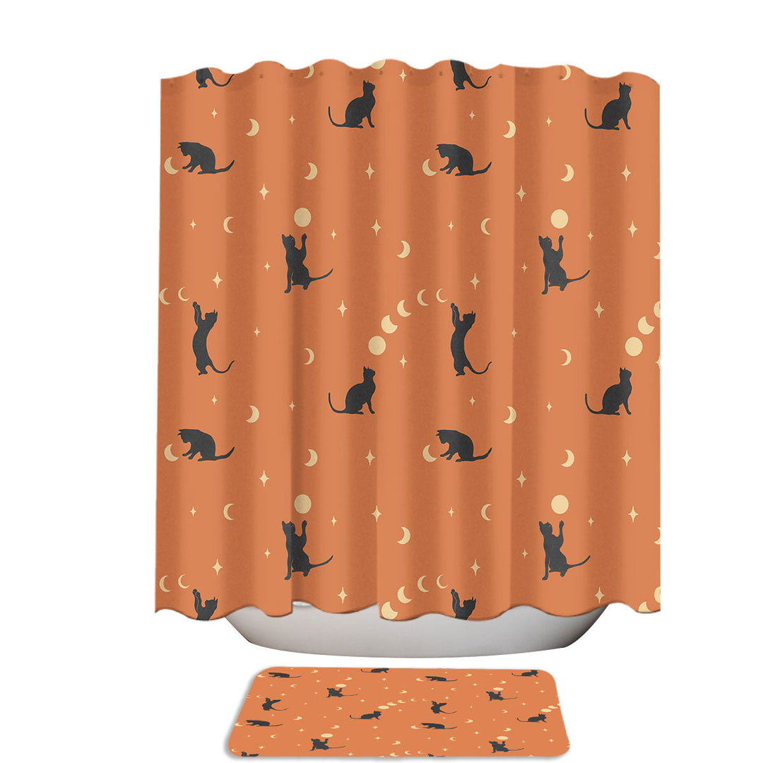 Orange Pattern Playful Cat and Moon Shower Curtains