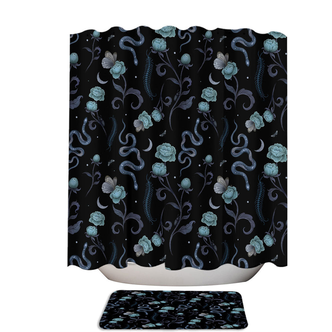 Serpentine Blue Roses Snakes Centipedes and Moths Shower Curtain