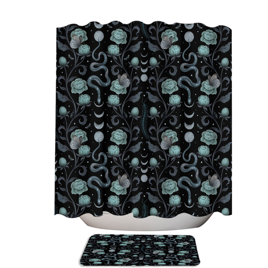 Serpentine Blue Roses Snakes and Moths Stall Shower Curtain