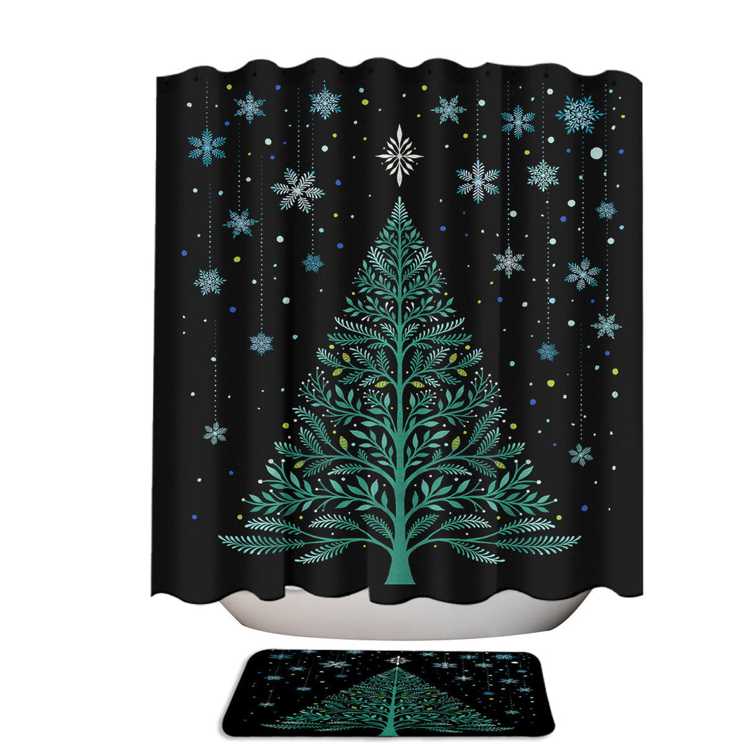 Snowy Christmas Tree at Night Extra Long Shower Curtain