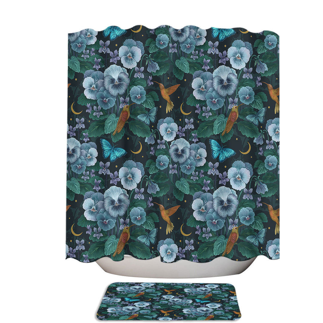 Violet Green Flower Butterfly And Hummingbird Shower Curtains