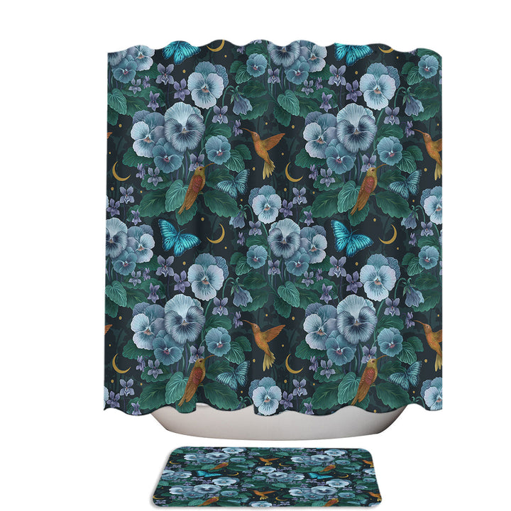 Violet Green Flower Butterfly And Hummingbird Shower Curtains