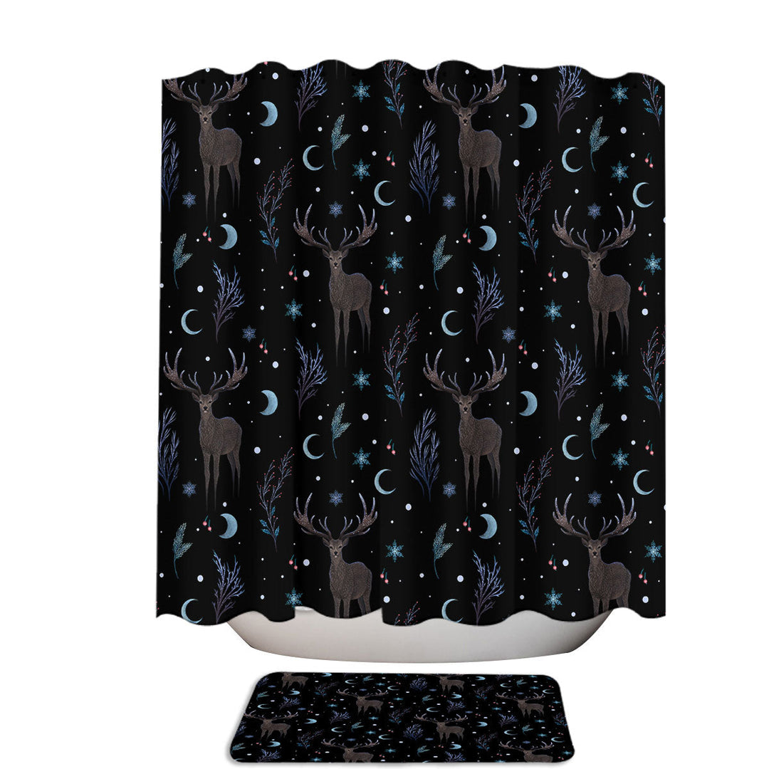 Winter Night Deer and Snowflakes Fabric Shower Curtain