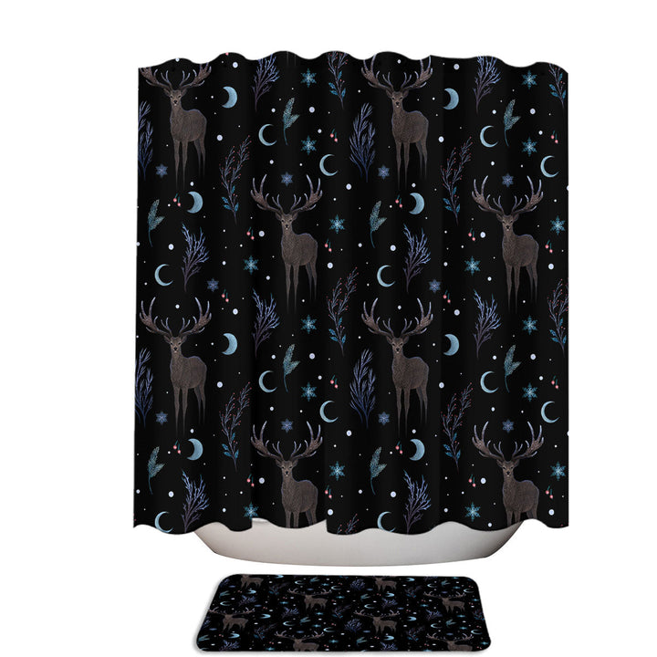 Winter Night Deer and Snowflakes Fabric Shower Curtain