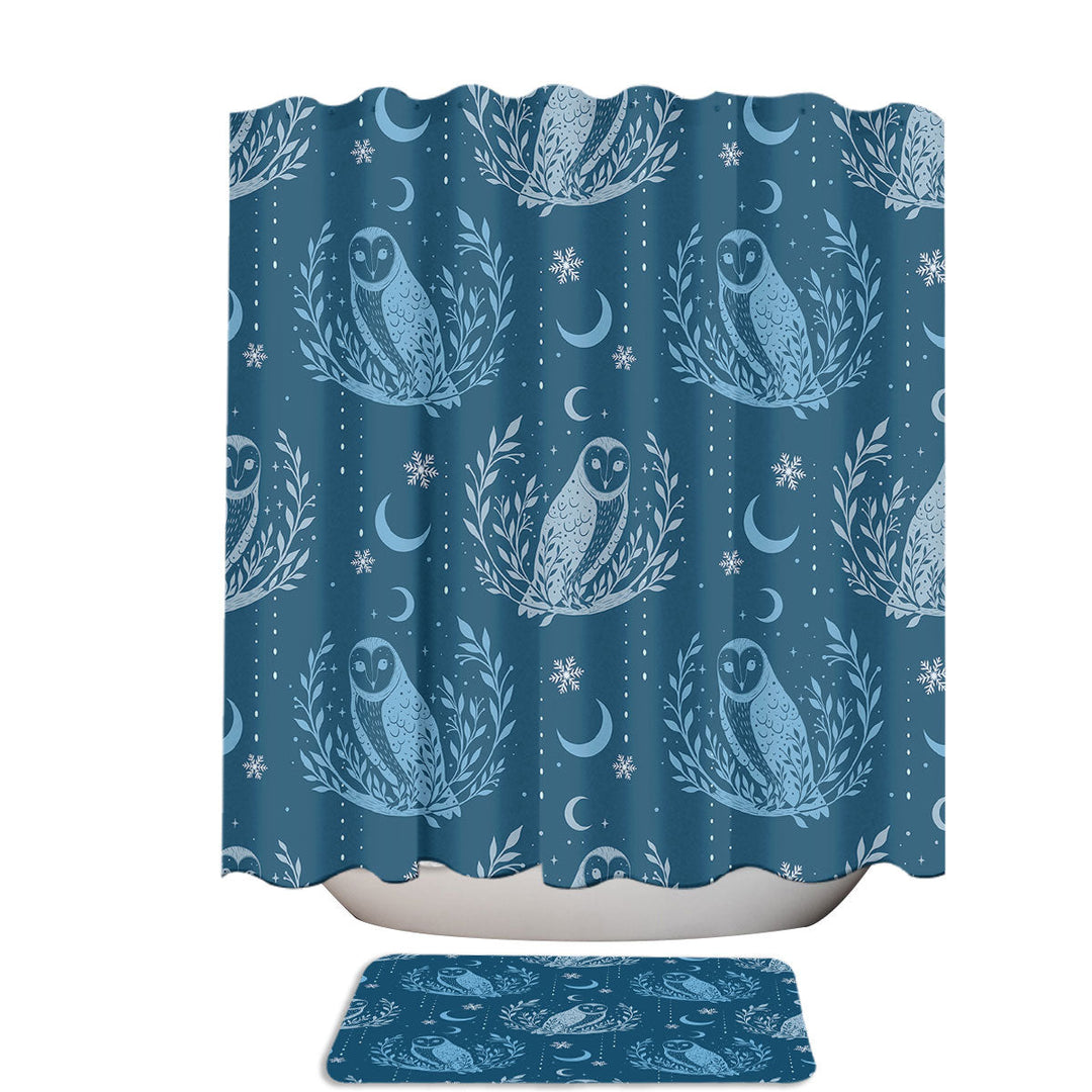 Winter Night Owl Moons Stars and Snowy Leaves Unique Shower Curtains