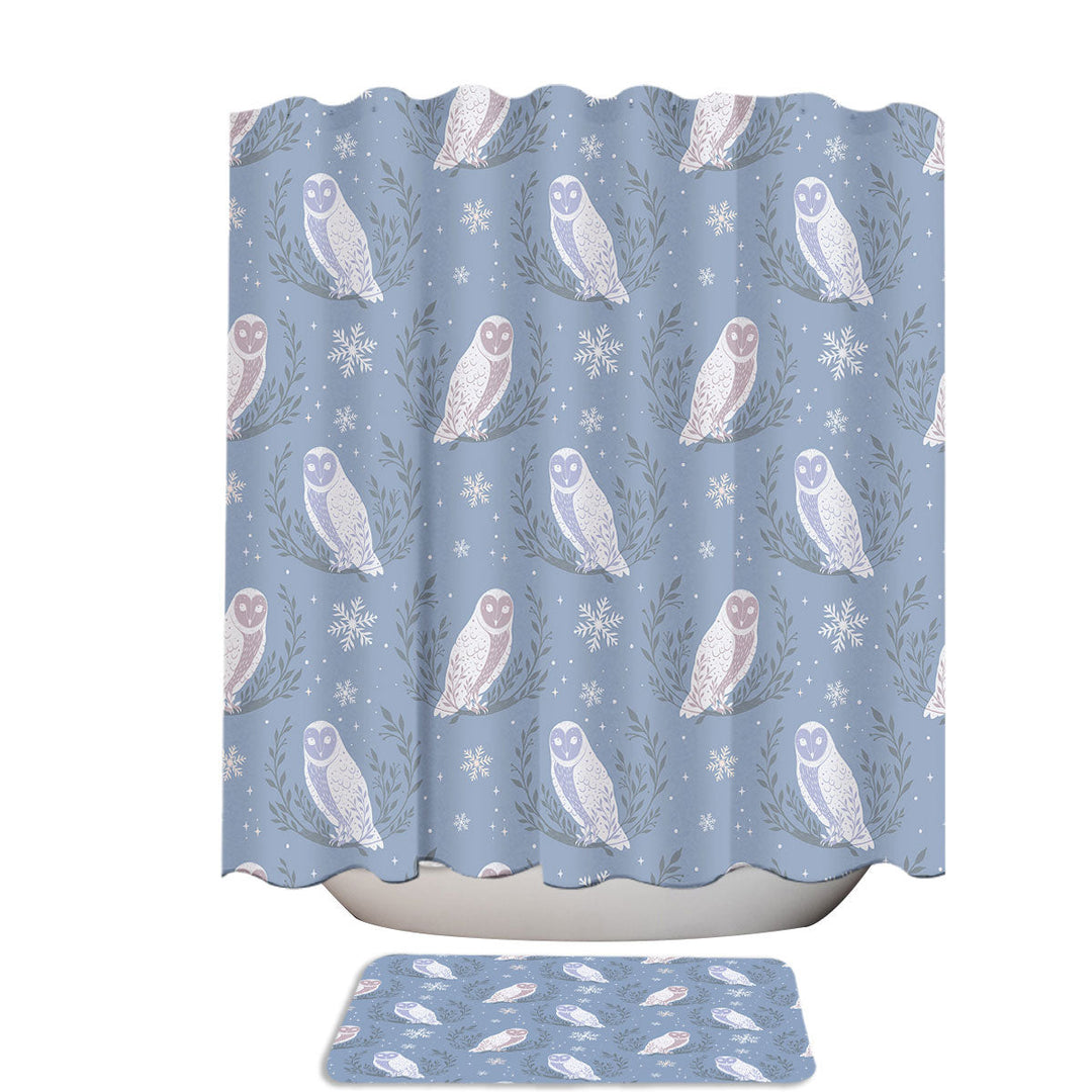 Winter Pattern Owl Moons Stars and Snowy Leaves Shower Curtains