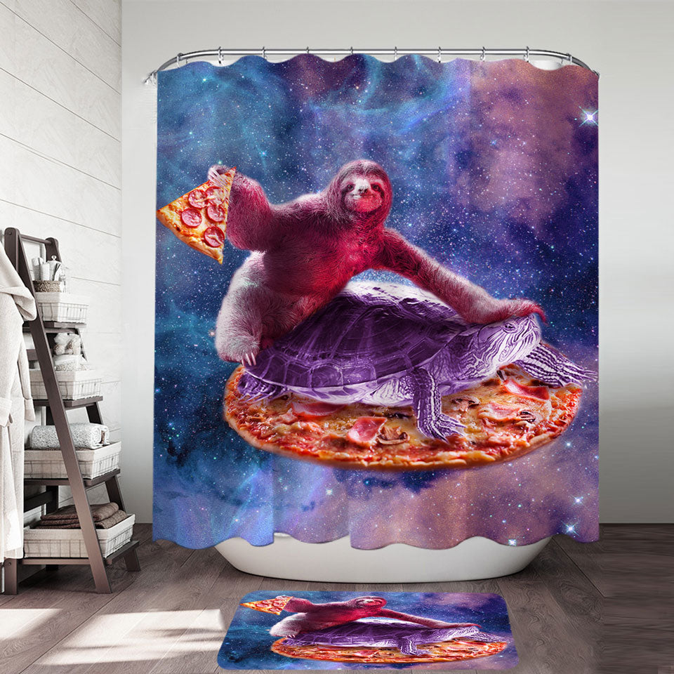 Cool Shower Curtains for Guys Crazy Art Space Pizza Sloth on Turtle