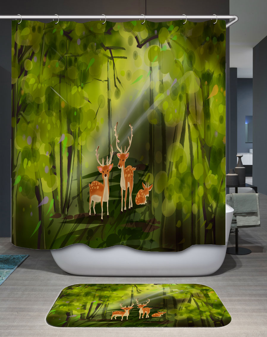 Cute Kids Shower Curtains with Deer Family in the Forest