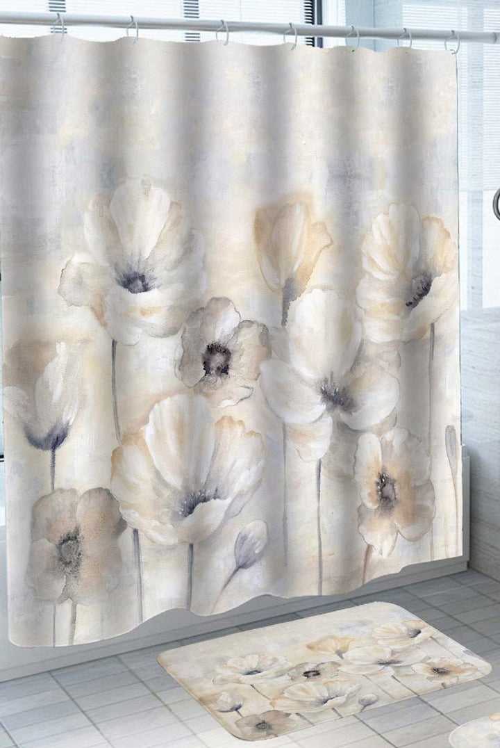 Elegant Shower Curtains with White Flowers Painting