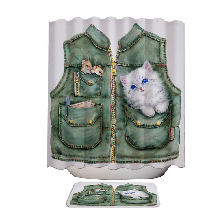 Funny Bathroom Shower Curtains Cute Animals Best Friends Mice and Kitten