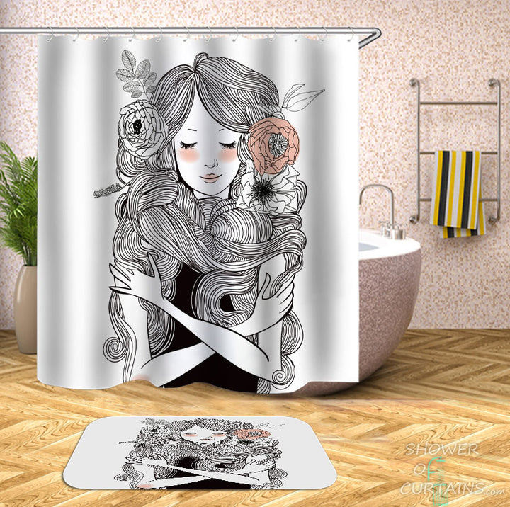 Shower Curtains with Boho Drawing Girl