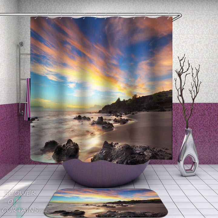 Shower Curtains with Fire Skies over the Beach