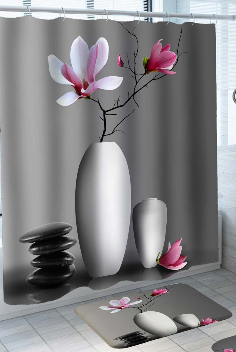 Spa Shower Curtains with Pink Flowers and Pebbles Shower Curtains and Bathmats