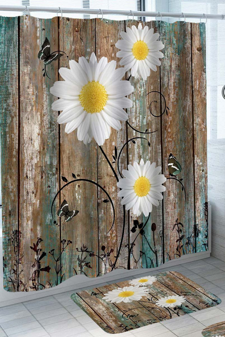 White Daisy Shower Curtain Flower and Butterflies on Wood Deck
